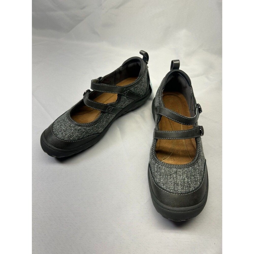 JBU Women Nina Sz 7 Faux Leather Grey Tweed Mary Jane Double Buckle Shoes $89